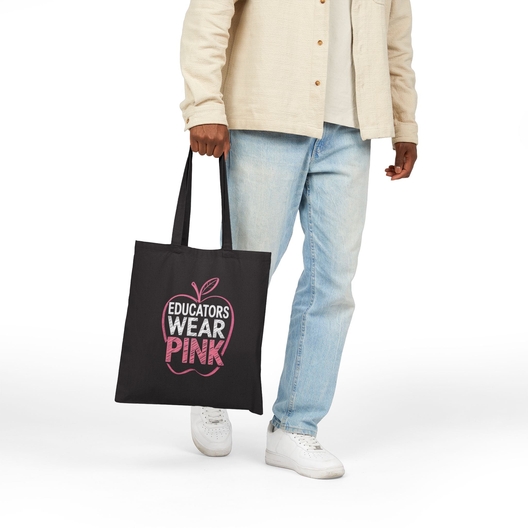 Educators Wear Pink Apple  Tote Bag | Teacher Gift, Eco-Friendly Shopping Bag, Classroom Supplies, Pink Ribbon Awareness, Reusable Bag