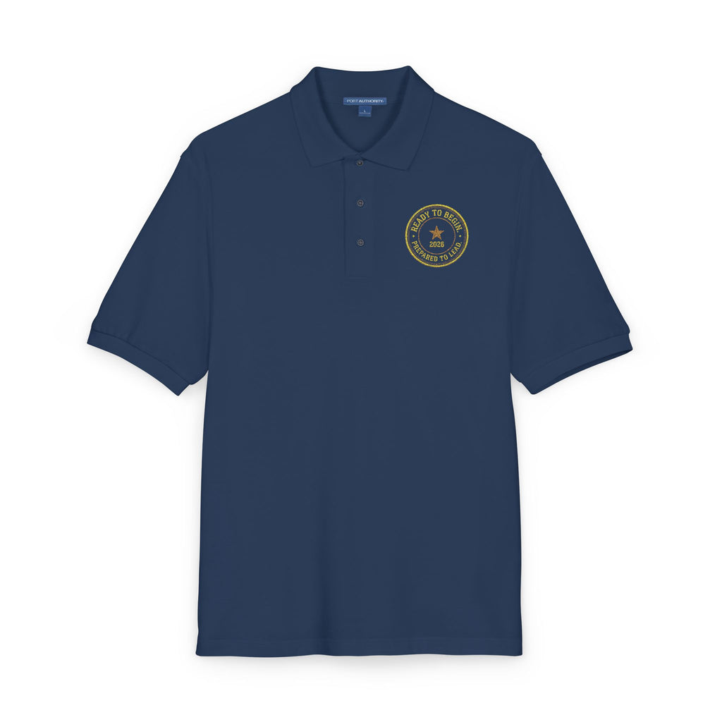 Embroidered Navy Polo with Gold Compass Crest — Nautical Crew Shirt