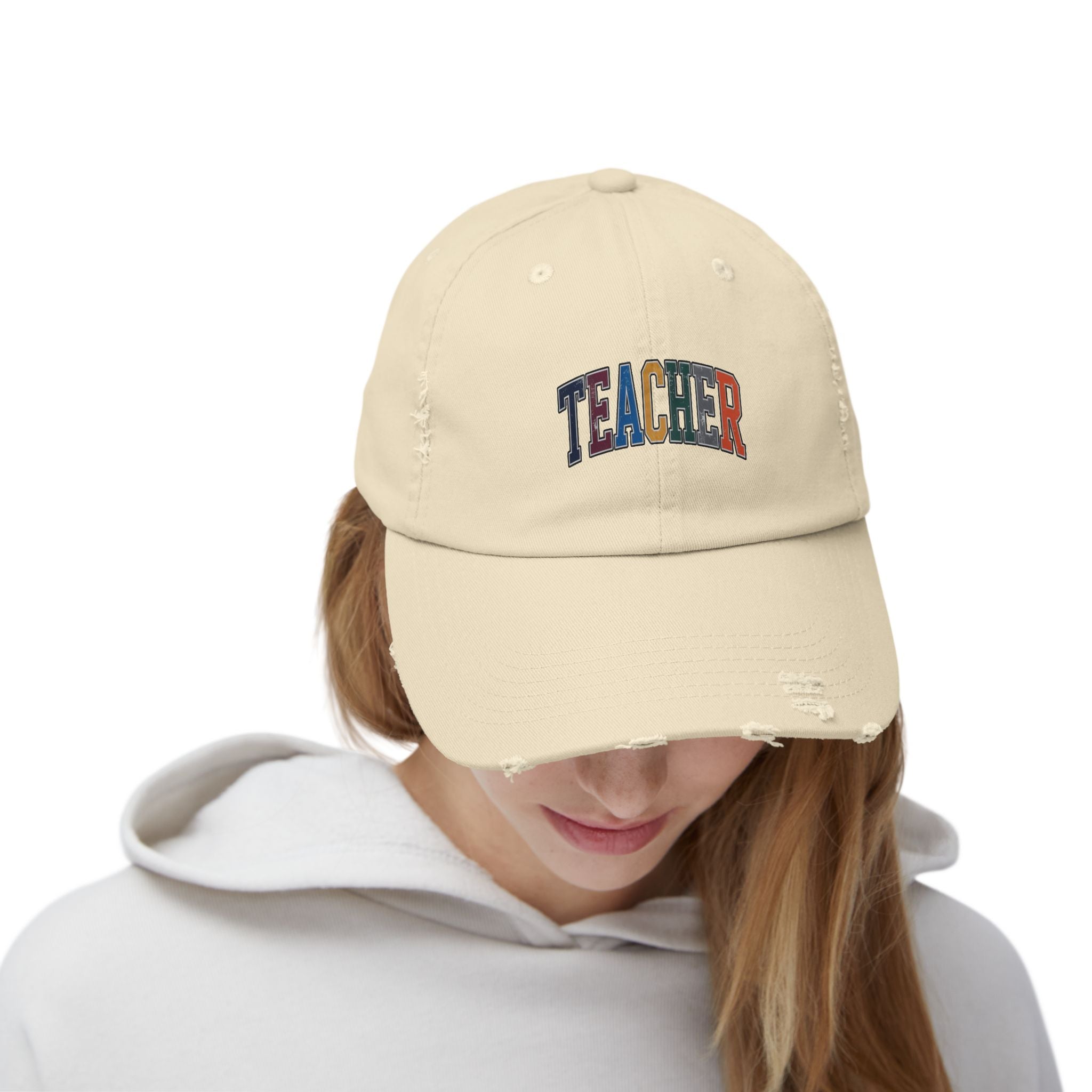 Distressed 'Teacher' Embroidered Cap — Vintage Colorblock School Hat