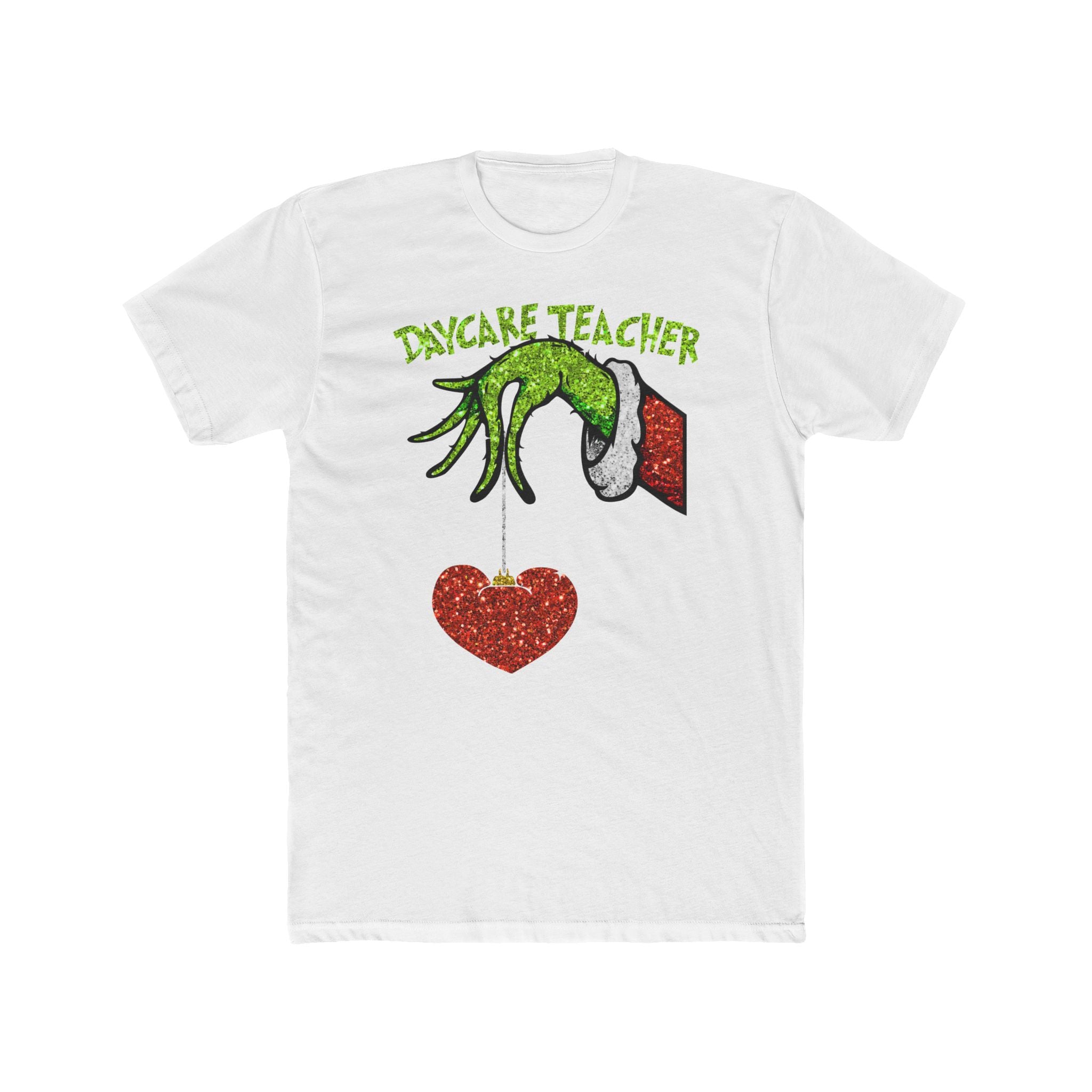 Daycare Teacher Grinch Holiday T-Shirt — Cute Grinch Hand Holding Glitter Heart