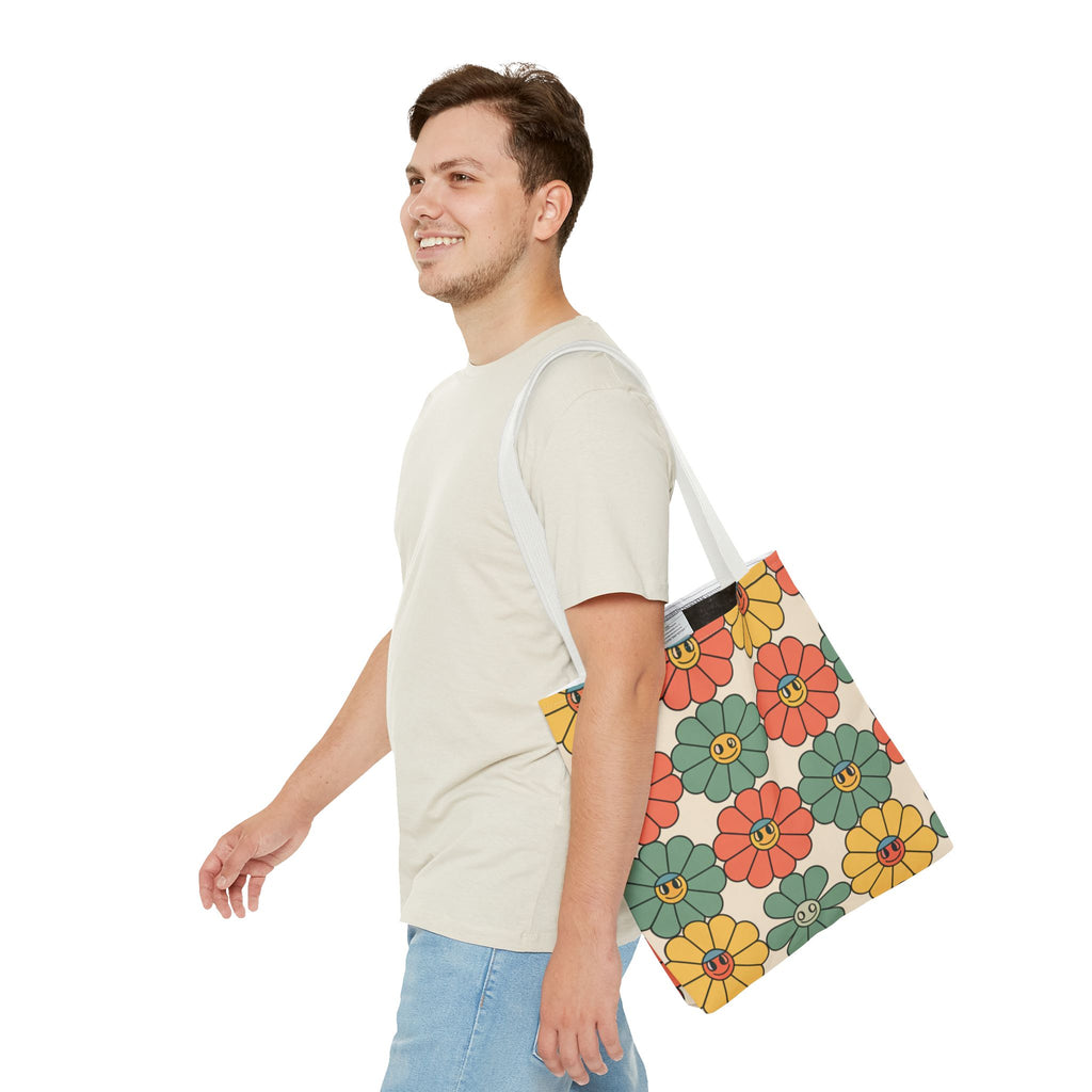 Smiling Retro Flower Tote Bag — Vintage Floral All-Over Print