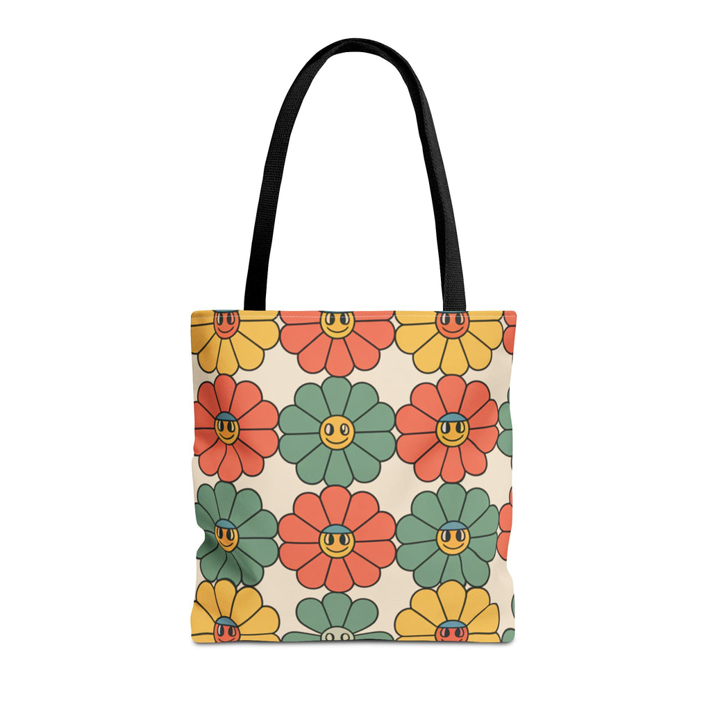 Smiling Retro Flower Tote Bag — Vintage Floral All-Over Print