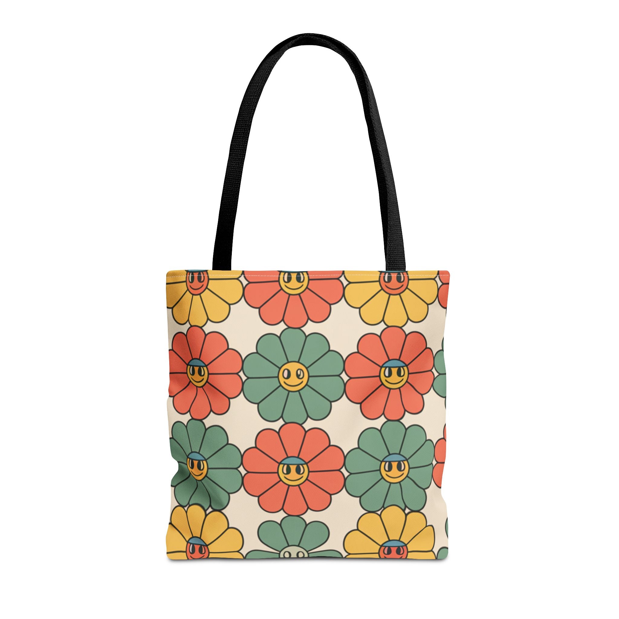 Smiling Retro Flower Tote Bag — Vintage Floral All-Over Print
