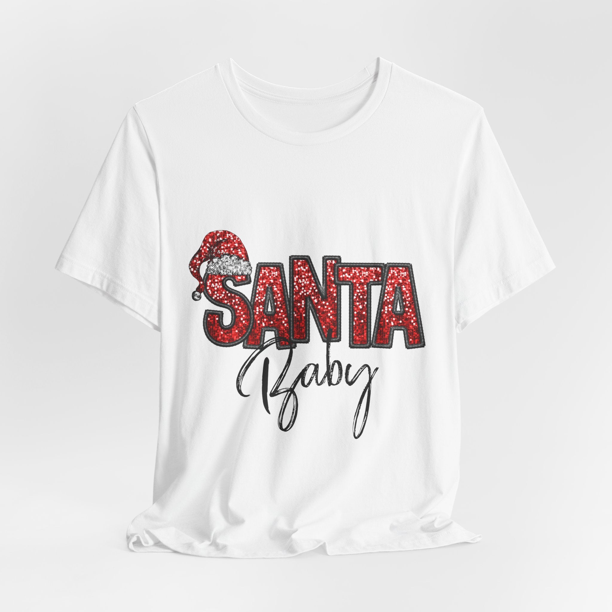 Santa Baby Christmas Tee — Red Sequin Santa Hat Holiday T-Shirt