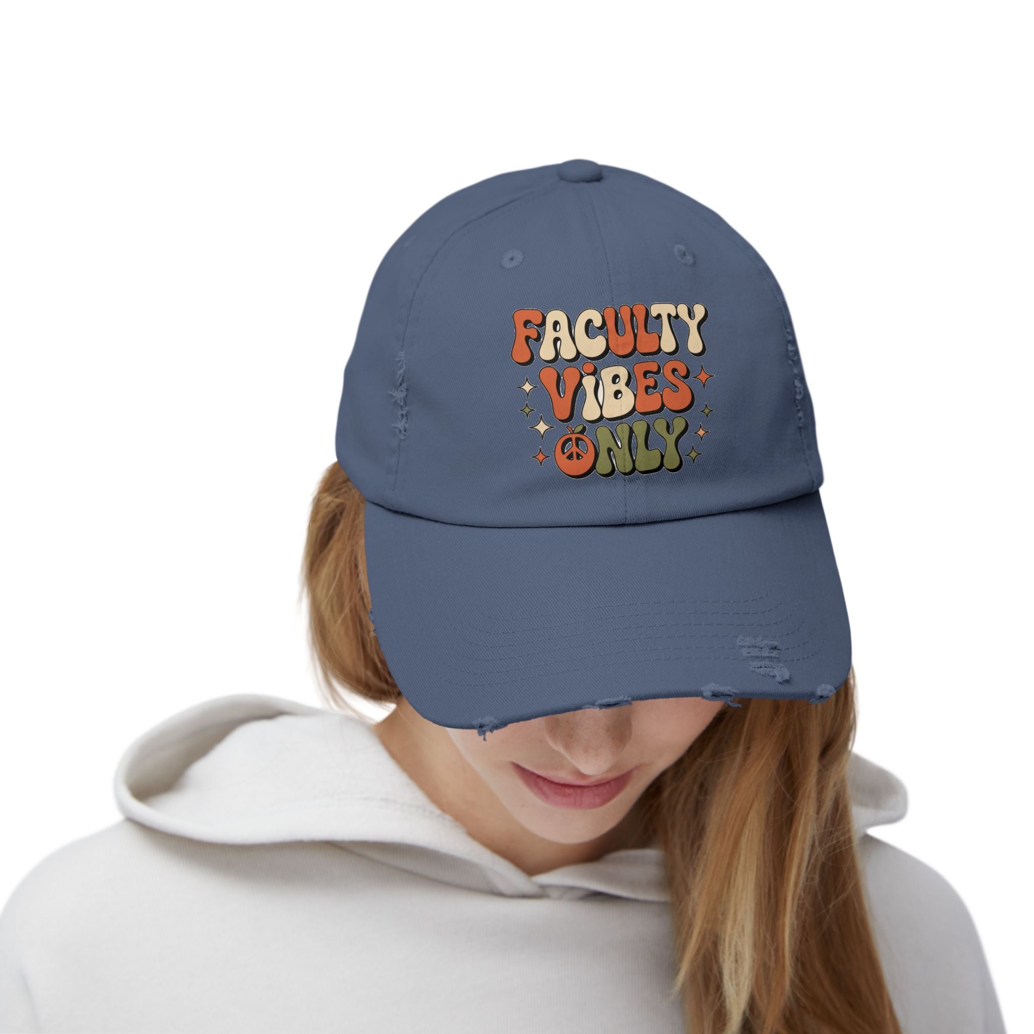 Retro Distressed Cap, Faculty Vibes Only Hat, Unisex Adjustable Cap, Casual Everyday Wear, Ideal Gift for Teachers, Trendy Fashion Accessory