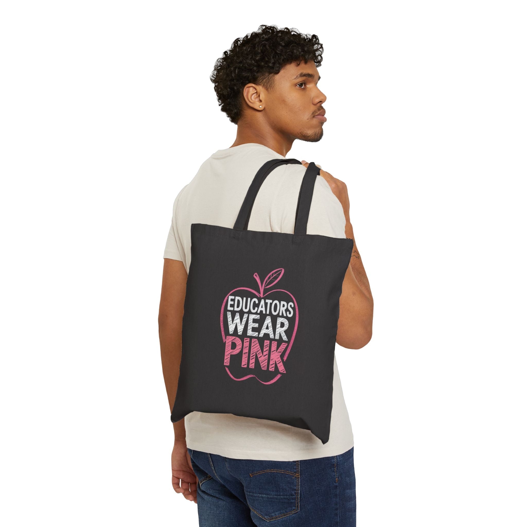 Educators Wear Pink Apple  Tote Bag | Teacher Gift, Eco-Friendly Shopping Bag, Classroom Supplies, Pink Ribbon Awareness, Reusable Bag