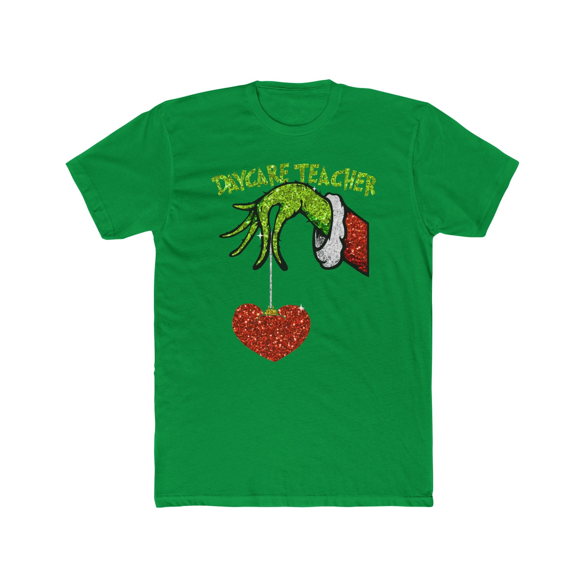 Daycare Teacher Grinch Holiday T-Shirt — Cute Grinch Hand Holding Glitter Heart