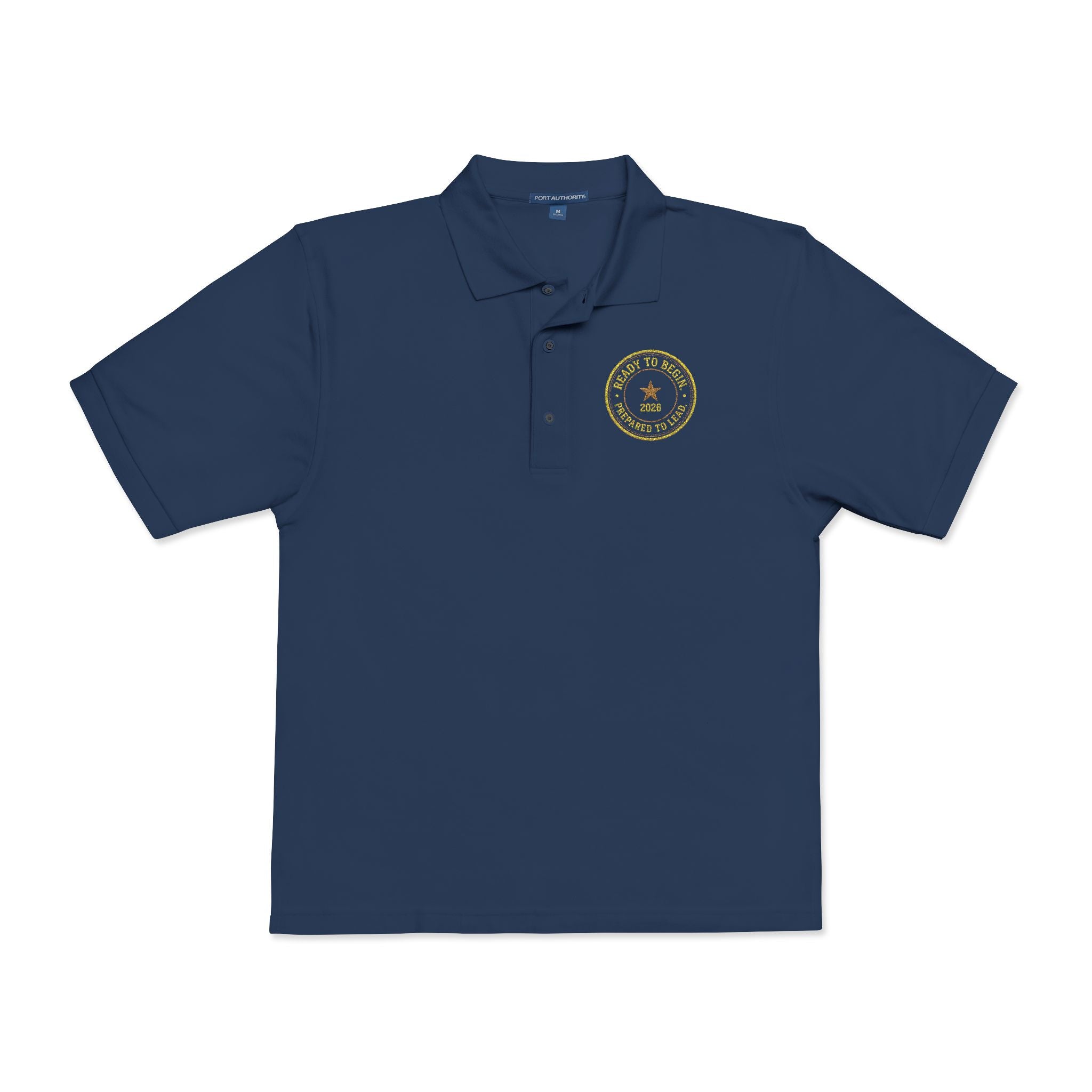 Embroidered Navy Polo with Gold Compass Crest — Nautical Crew Shirt