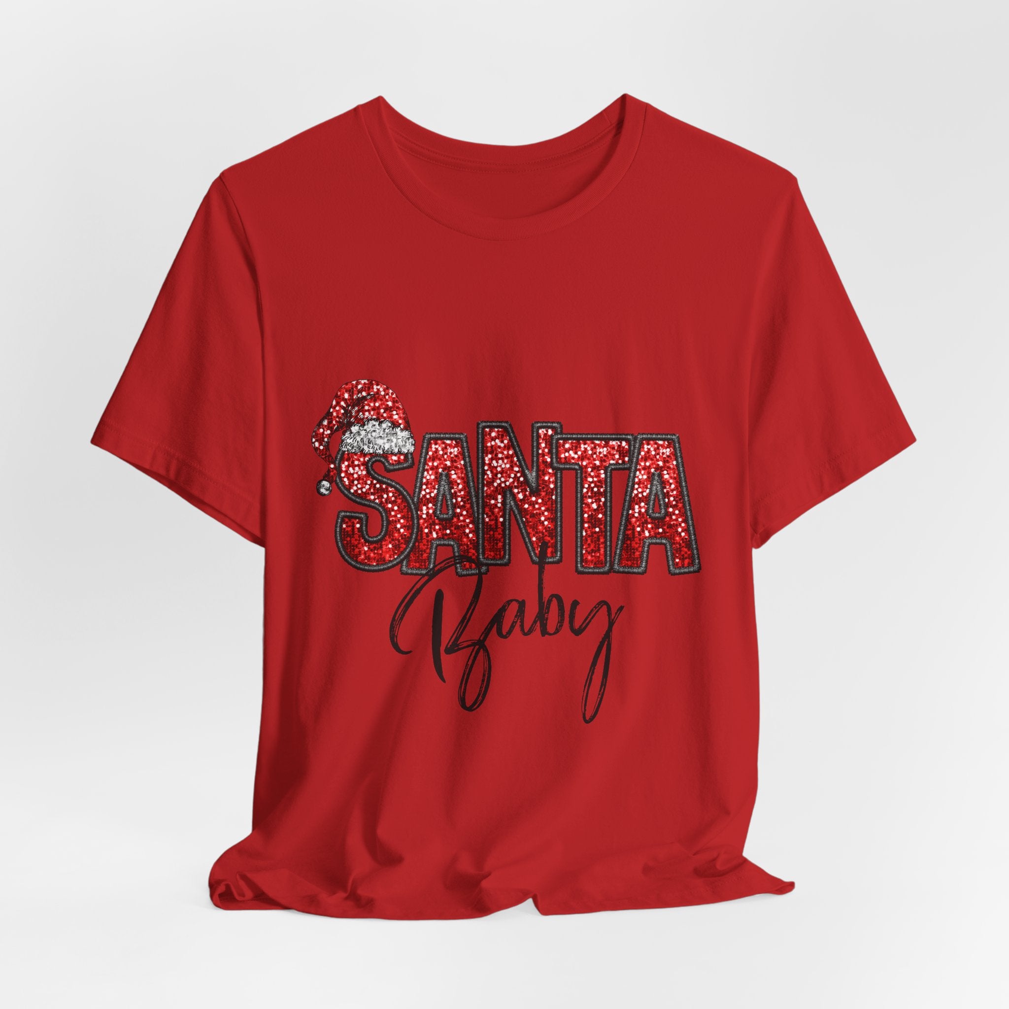 Santa Baby Christmas Tee — Red Sequin Santa Hat Holiday T-Shirt