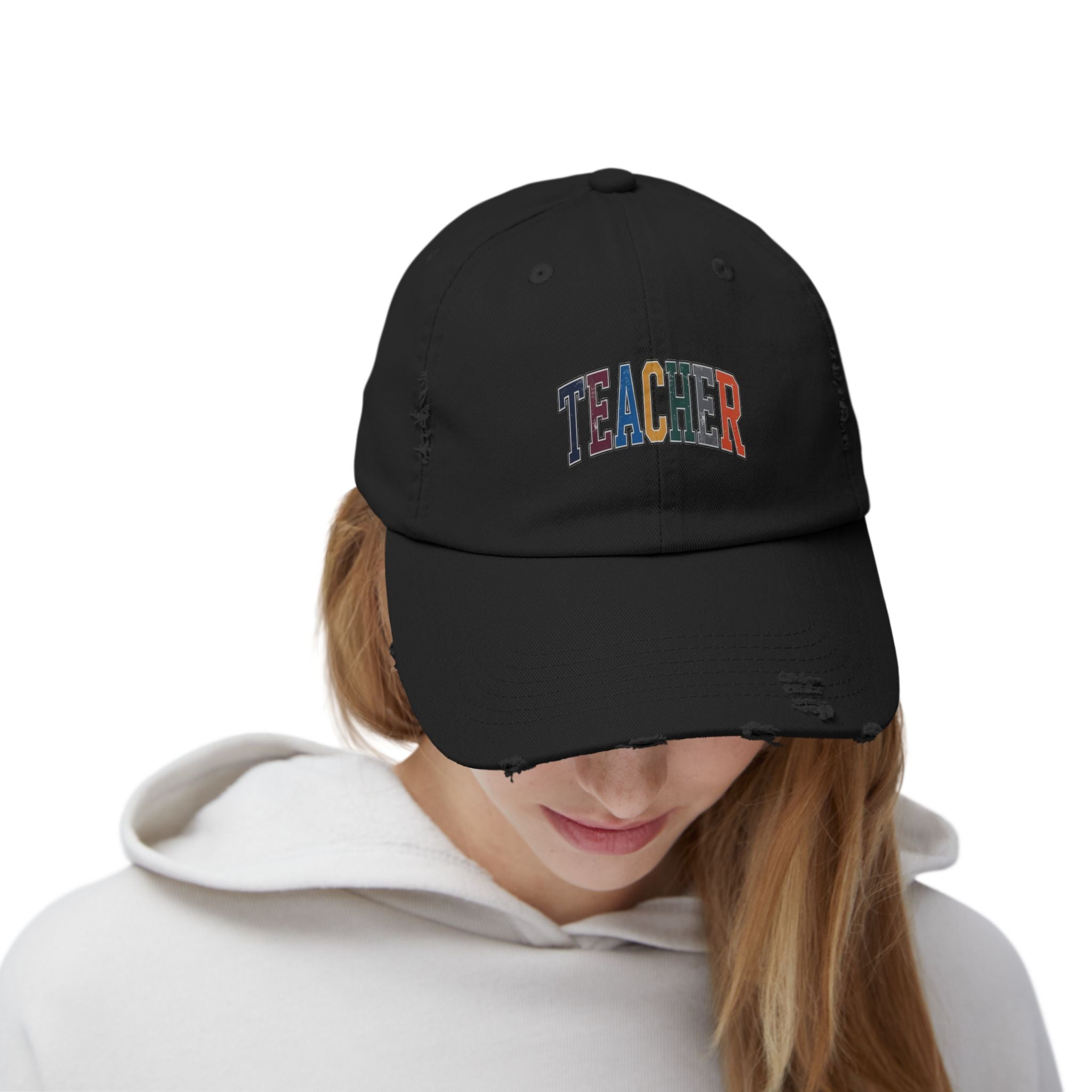 Distressed 'Teacher' Embroidered Cap — Vintage Colorblock School Hat