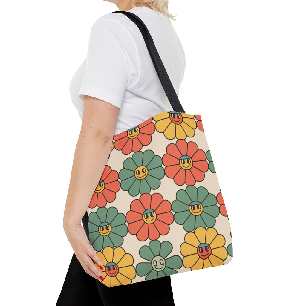 Smiling Retro Flower Tote Bag — Vintage Floral All-Over Print