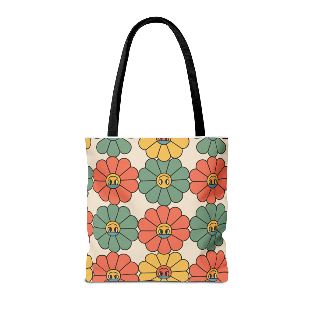 Smiling Retro Flower Tote Bag — Vintage Floral All-Over Print