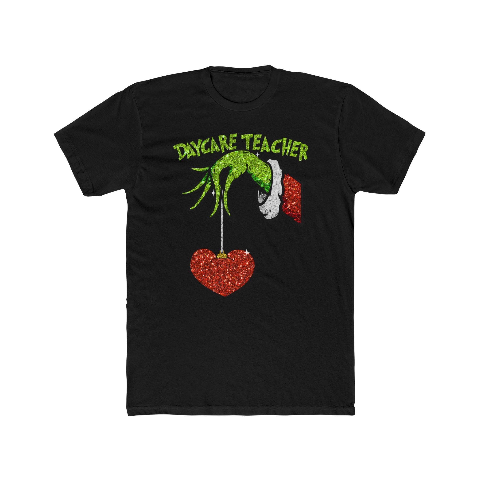 Daycare Teacher Grinch Holiday T-Shirt — Cute Grinch Hand Holding Glitter Heart