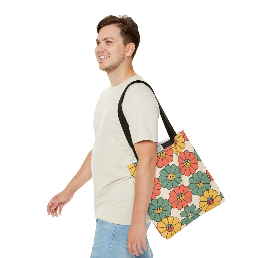 Smiling Retro Flower Tote Bag — Vintage Floral All-Over Print