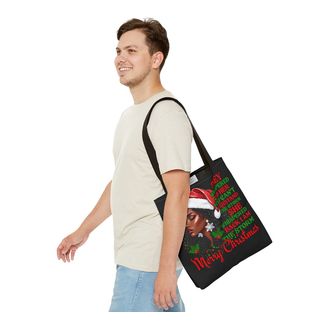 Merry Christmas Afrocentric Tote Bag — "They Whispered You Can't Withstand the Storm" Holiday Shopper