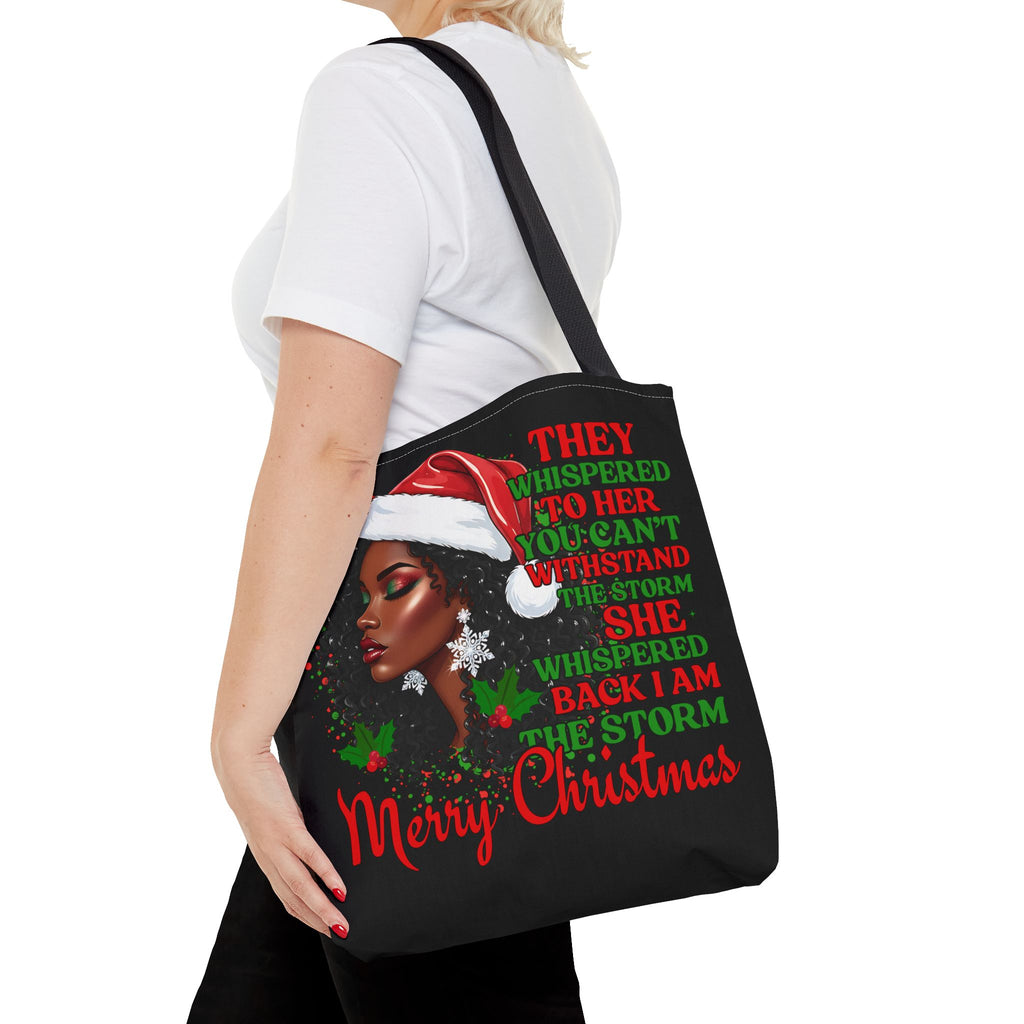 Merry Christmas Afrocentric Tote Bag — "They Whispered You Can't Withstand the Storm" Holiday Shopper