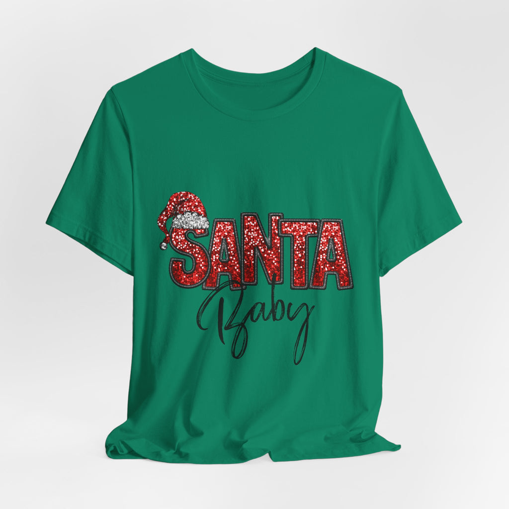 Santa Baby Christmas Tee — Red Sequin Santa Hat Holiday T-Shirt