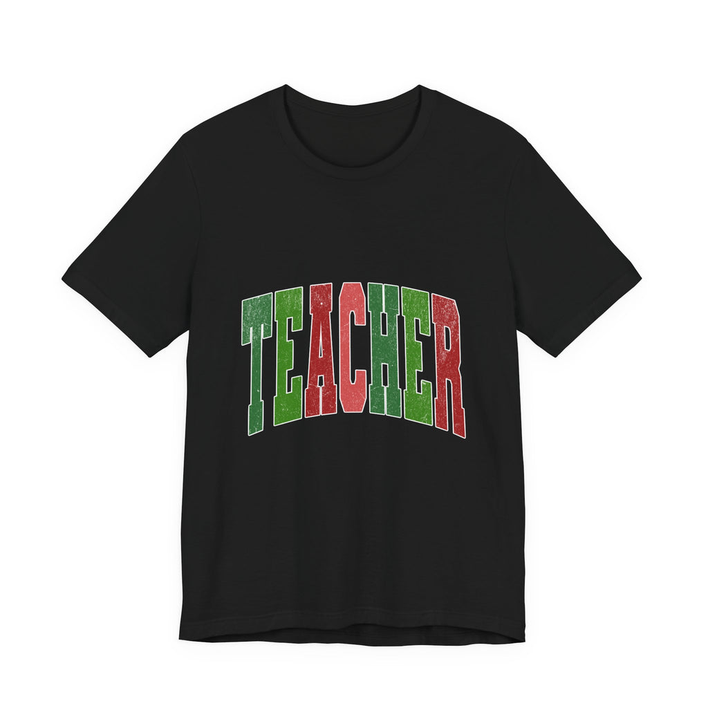 Teacher Retro Arch T‑Shirt — Festive Green & Red School Staff Tee