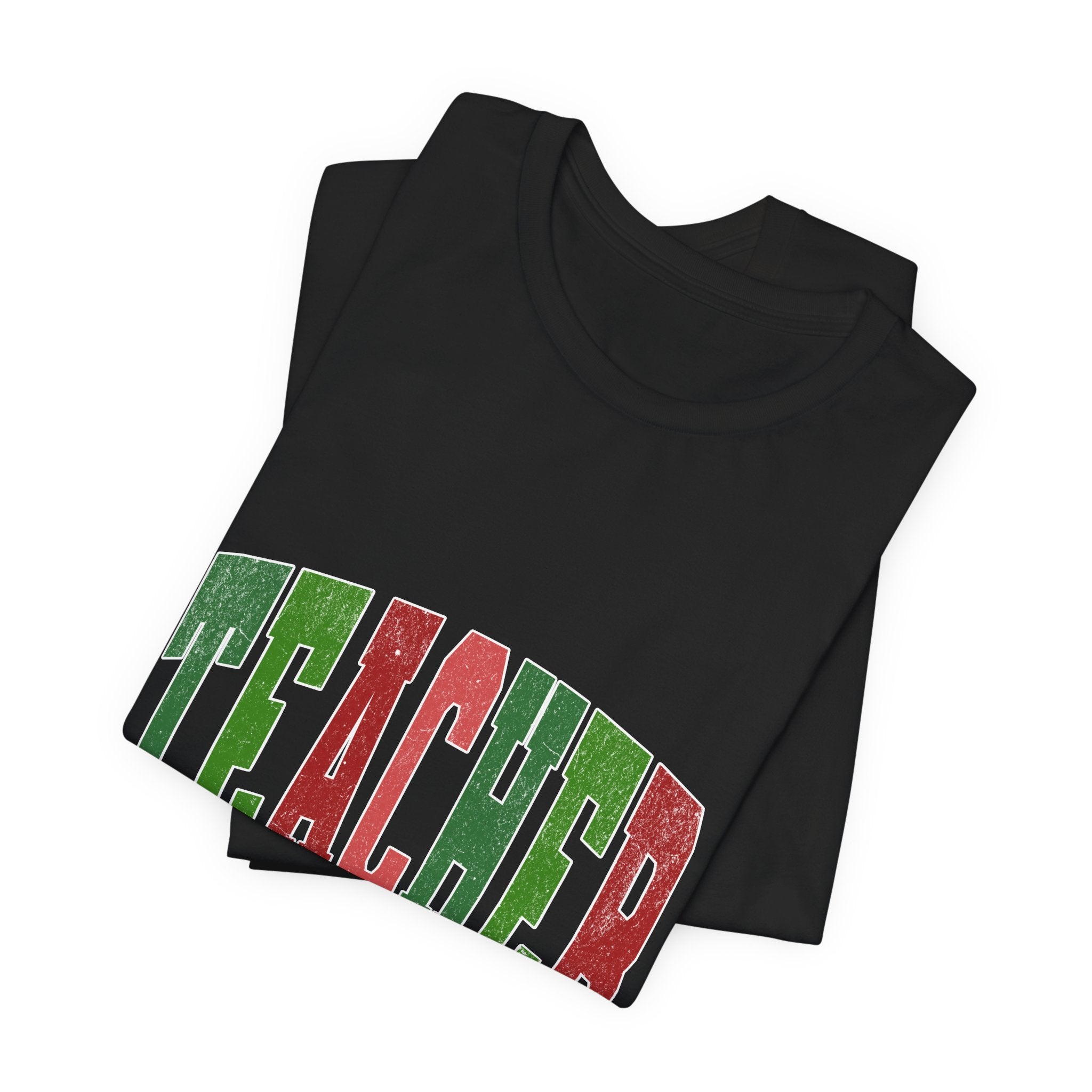 Teacher Retro Arch T‑Shirt — Festive Green & Red School Staff Tee