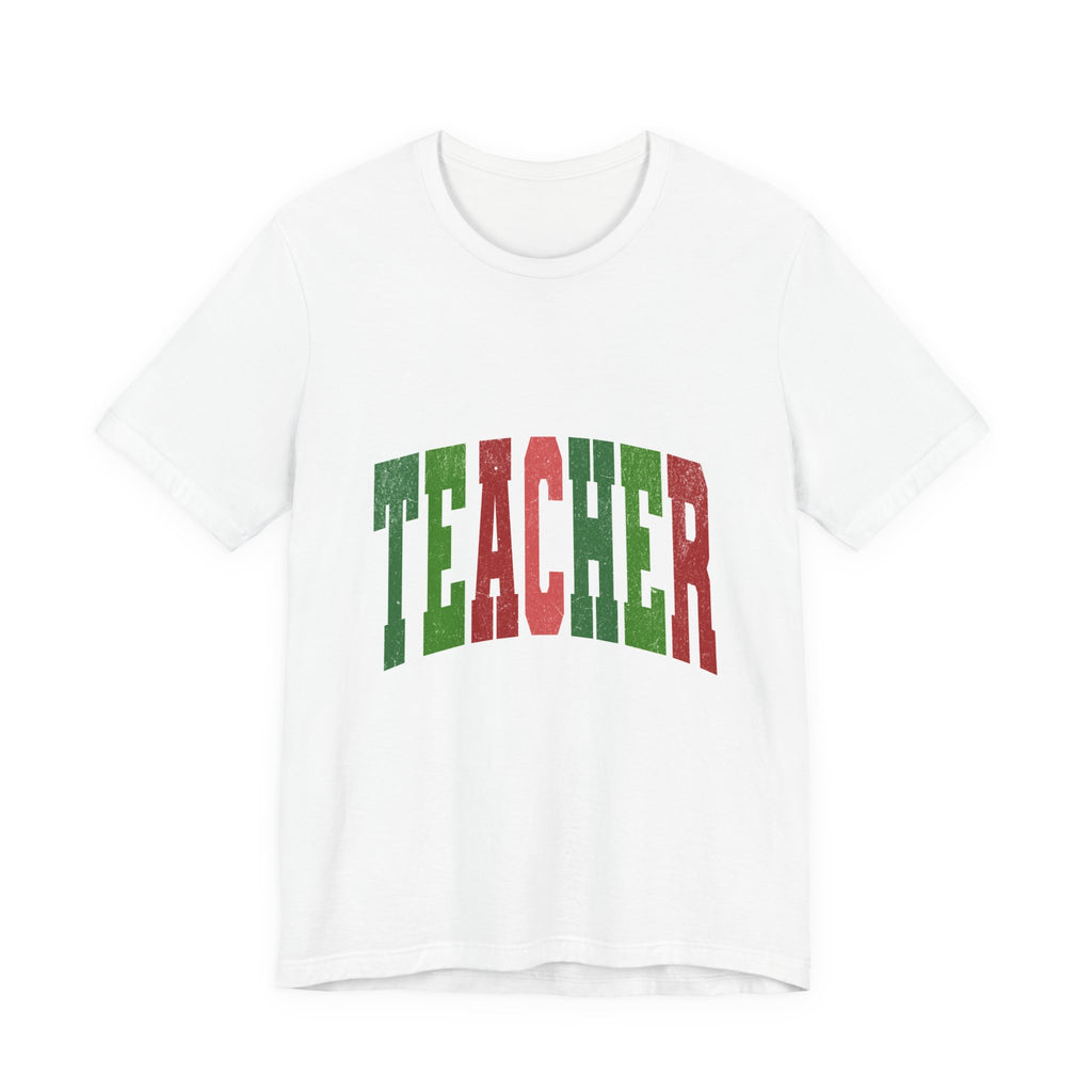Teacher Retro Arch T‑Shirt — Festive Green & Red School Staff Tee