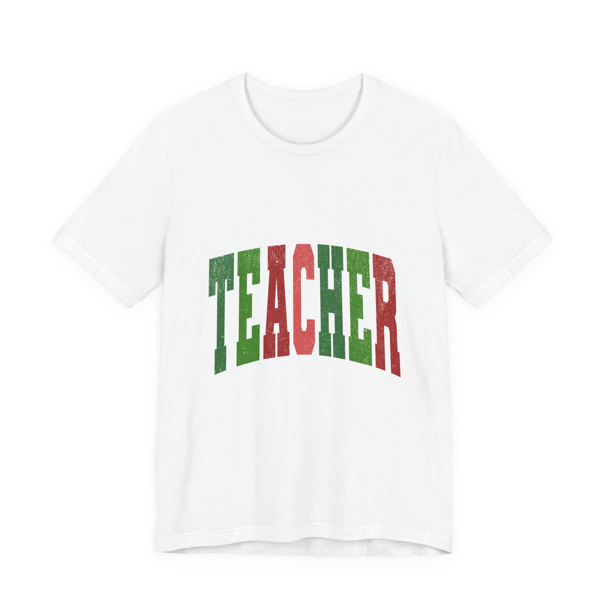 Teacher Retro Arch T‑Shirt — Festive Green & Red School Staff Tee