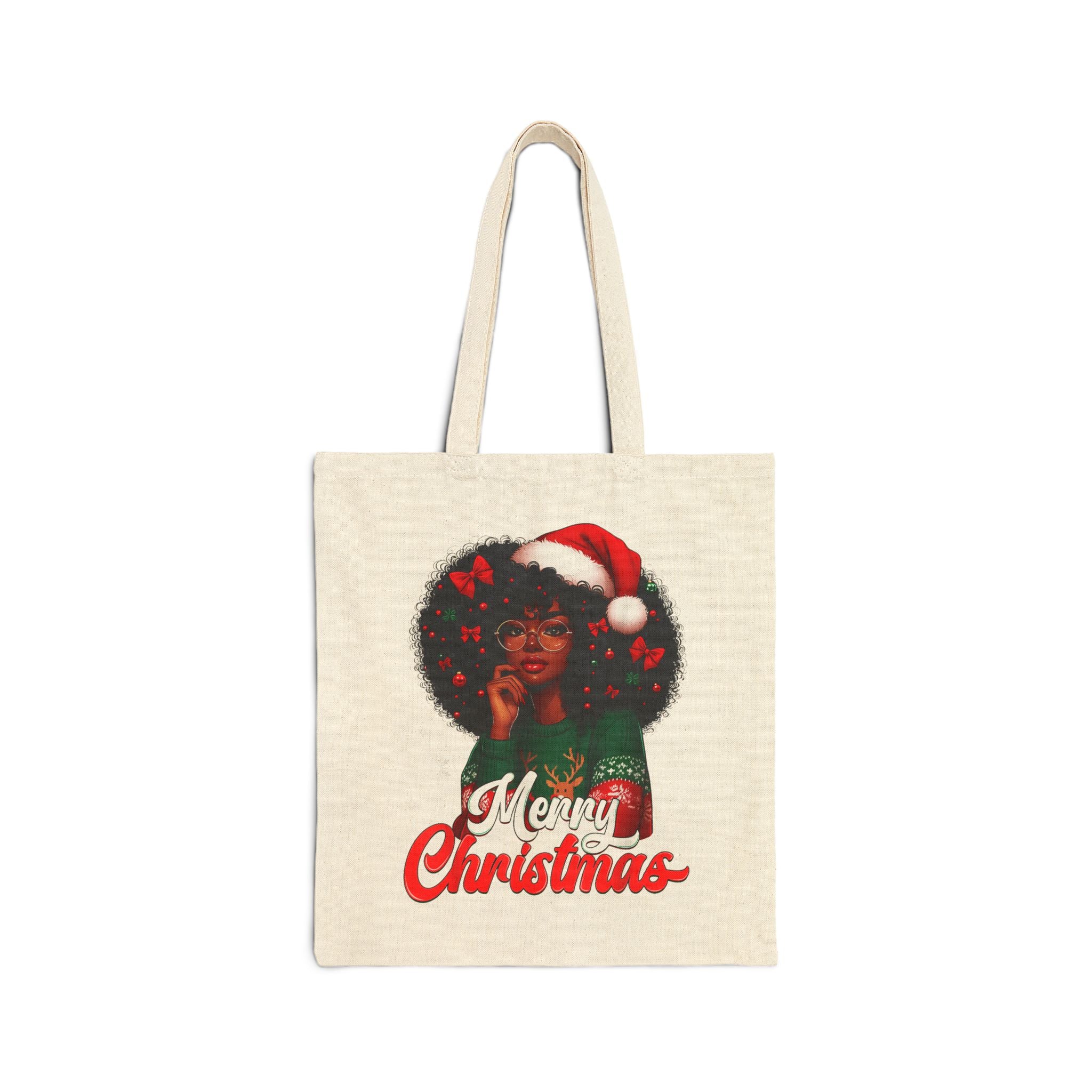 Merry Christmas Afro Santa Tote — Personalized JACELYN Holiday Canvas Bag