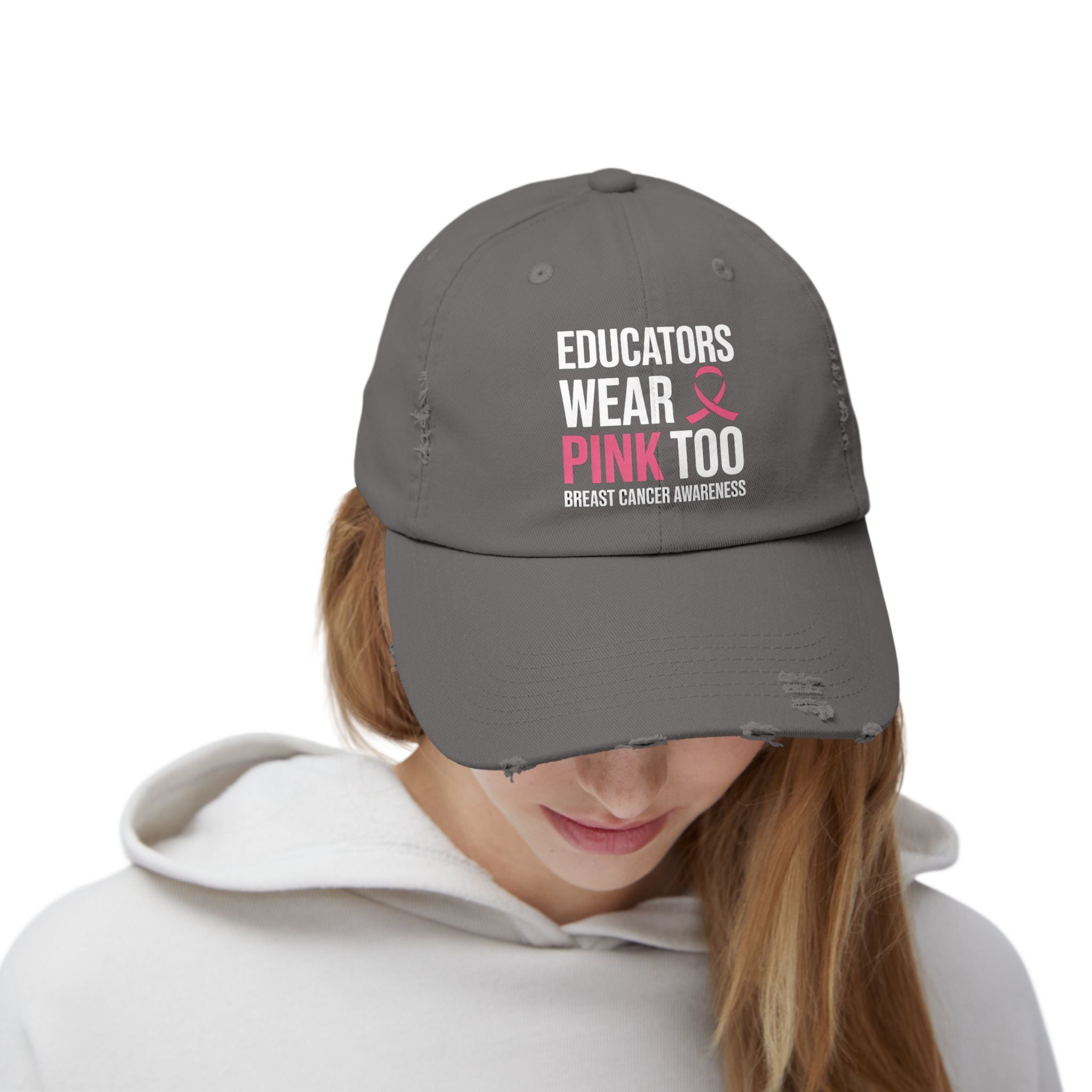 Educators Wear Pink Too Distressed Cap for Breast Cancer Awareness,