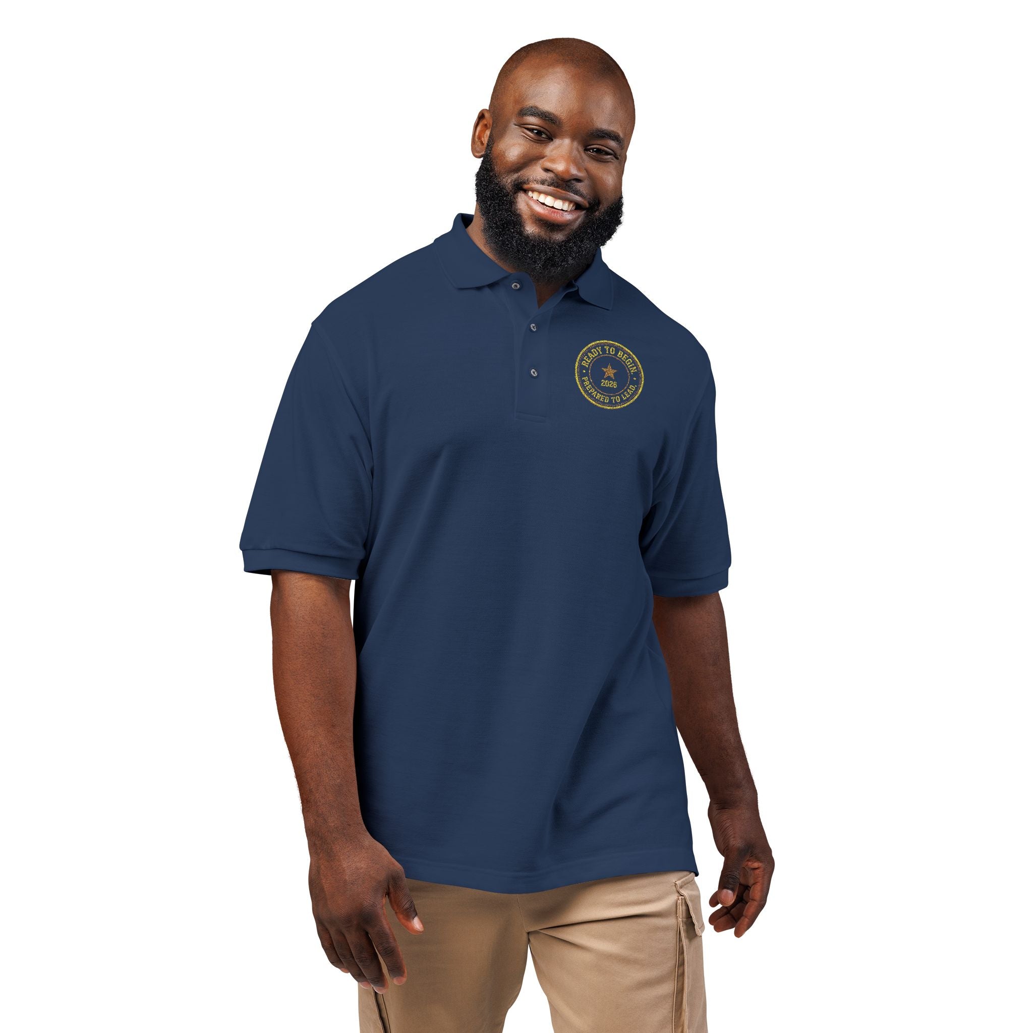 Embroidered Navy Polo with Gold Compass Crest — Nautical Crew Shirt