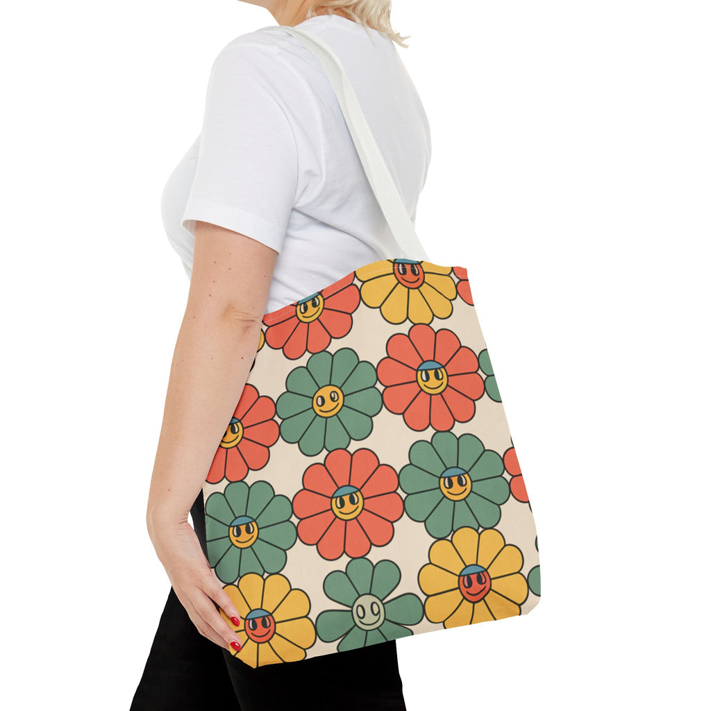 Smiling Retro Flower Tote Bag — Vintage Floral All-Over Print