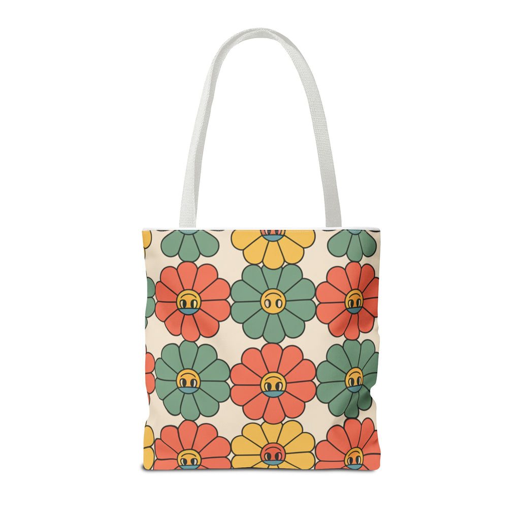Smiling Retro Flower Tote Bag — Vintage Floral All-Over Print