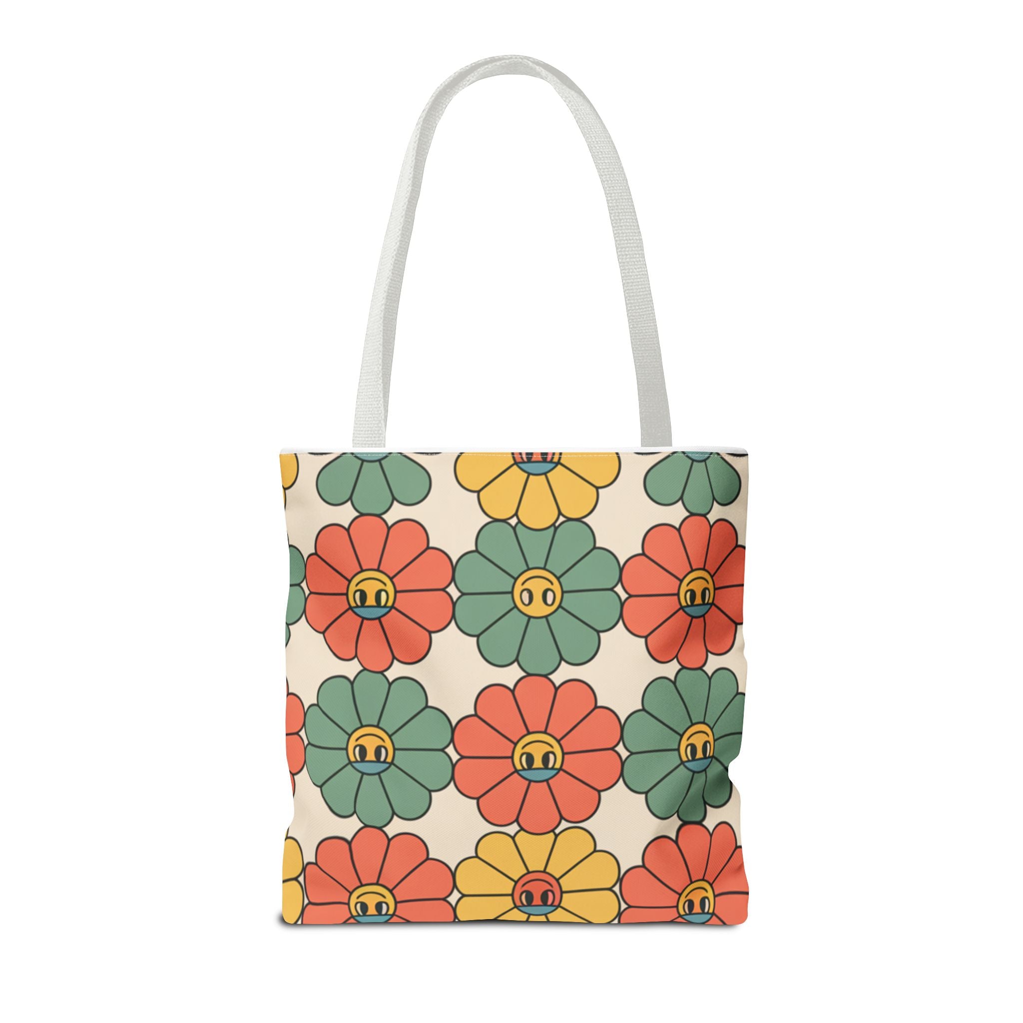 Smiling Retro Flower Tote Bag — Vintage Floral All-Over Print
