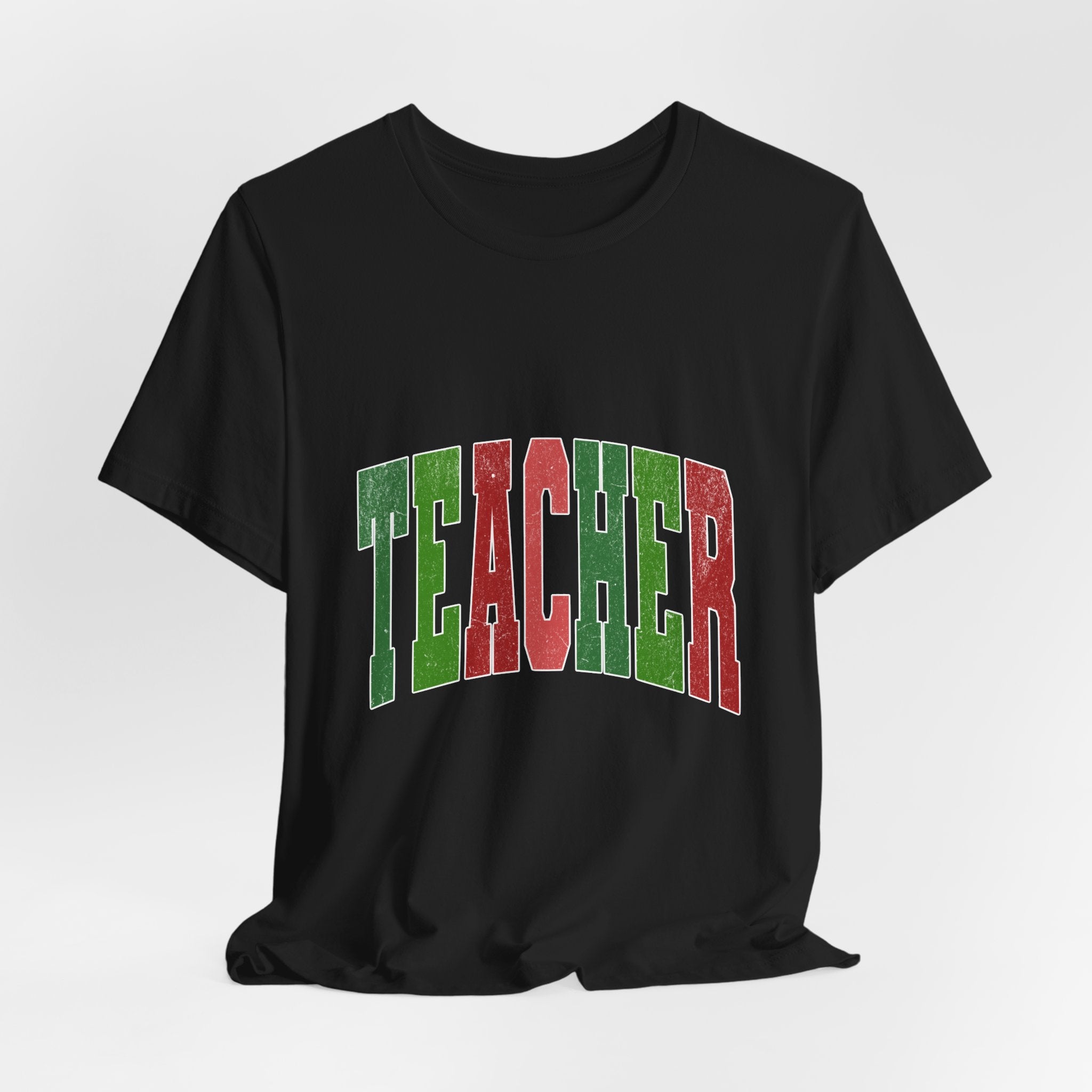 Teacher Retro Arch T‑Shirt — Festive Green & Red School Staff Tee