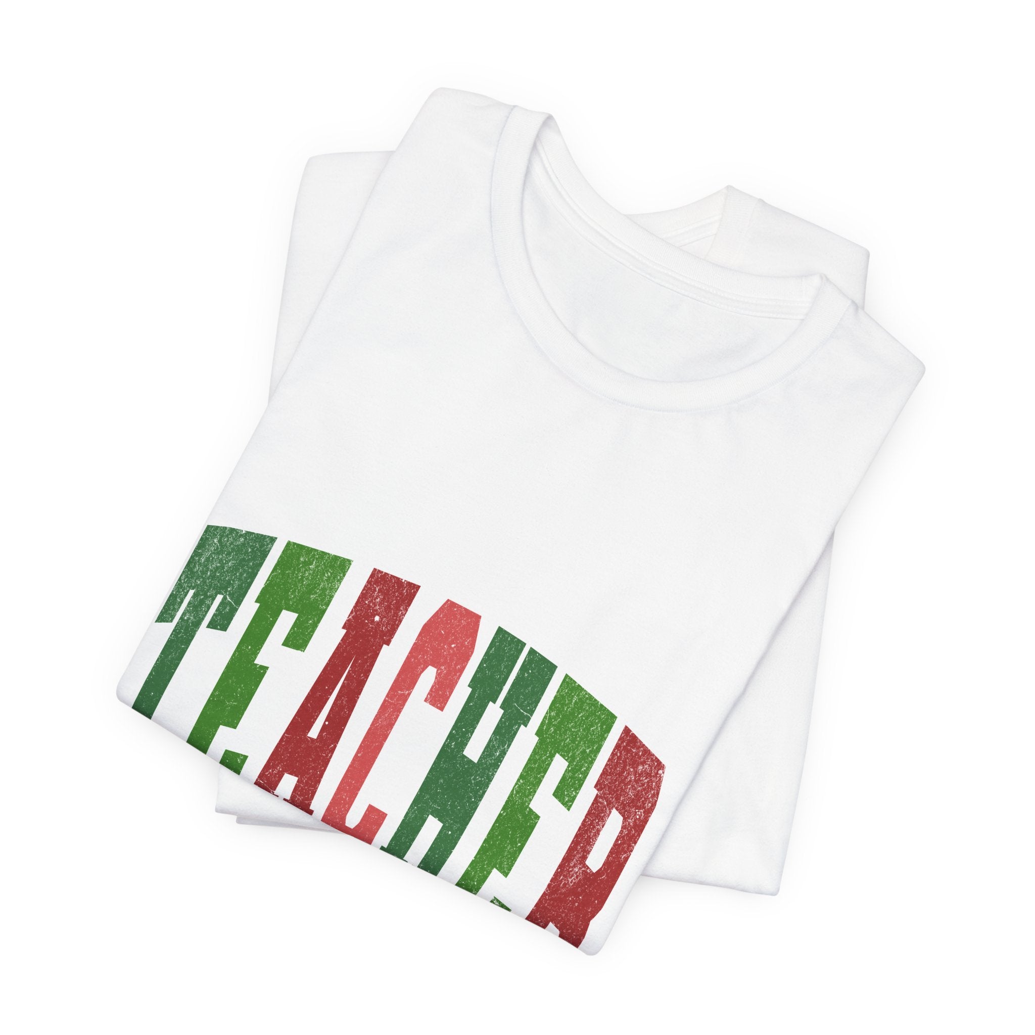 Teacher Retro Arch T‑Shirt — Festive Green & Red School Staff Tee