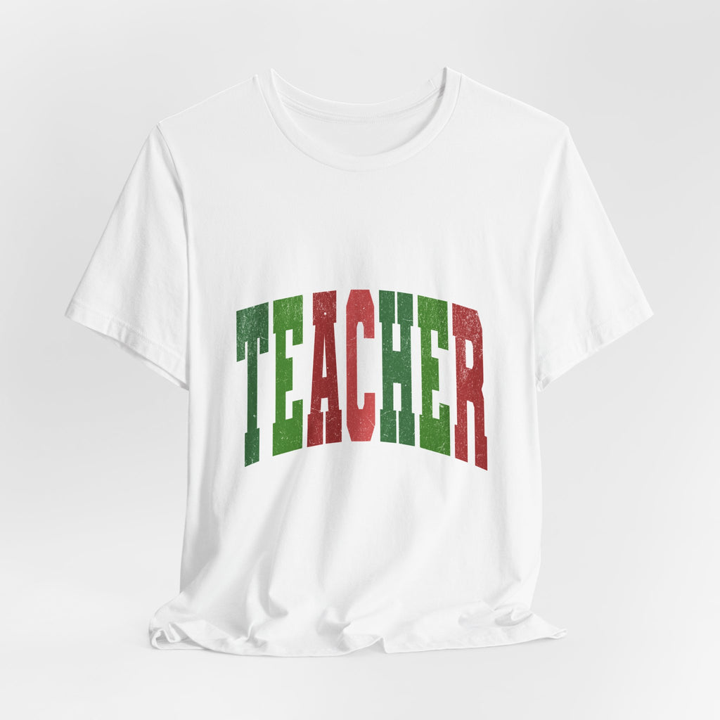 Teacher Retro Arch T‑Shirt — Festive Green & Red School Staff Tee