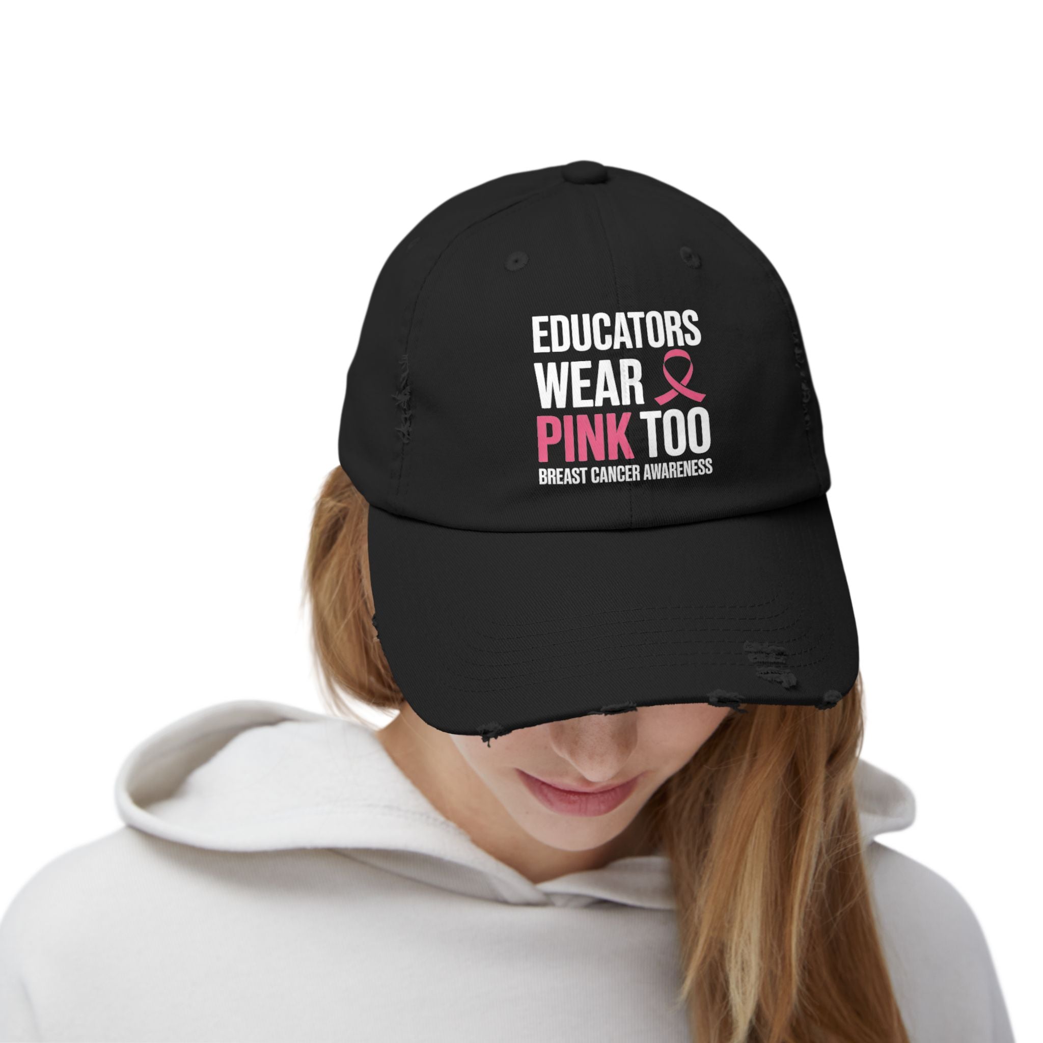 Educators Wear Pink Too Distressed Cap for Breast Cancer Awareness,
